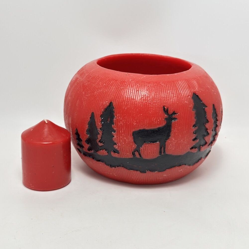Carved Red Wax Lantern Luminary Bowl Rustic Winter Forest Stag Candle Holder